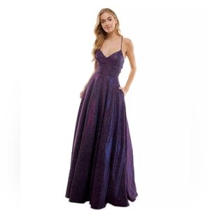 Juniors' Glitter Lace-Up-Back Evening Gown